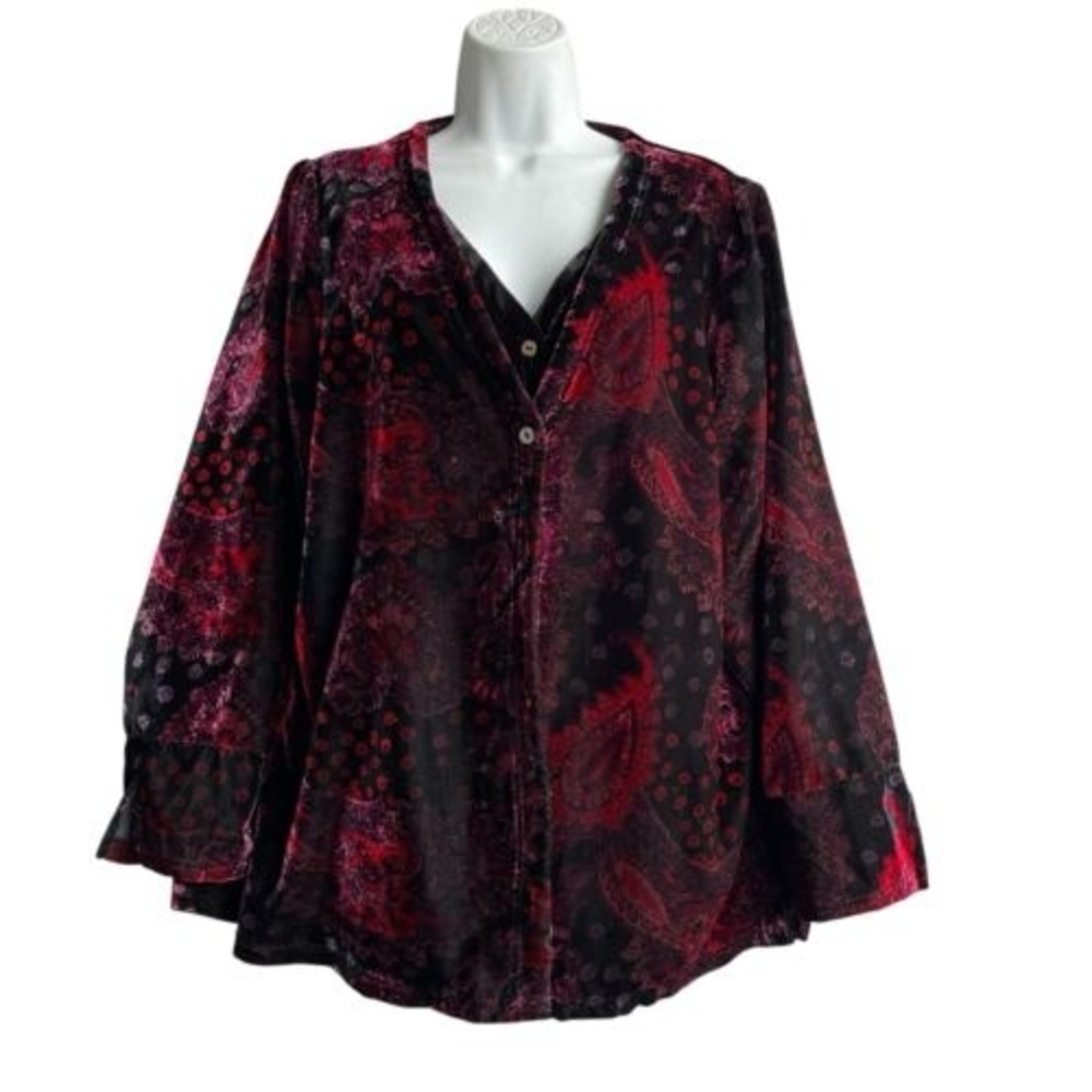 Vintage OVERDRIVE Paisley Velvet Shirt Jacket Women's Size 14W/ 16W Long Sleeve